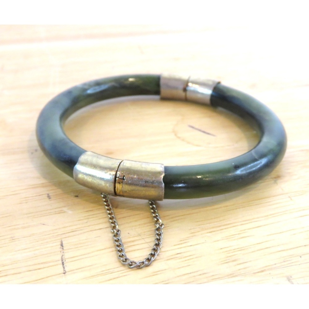 VINTAGE Chinese Jade Nephrite Dark Mottle Green Silver Hinged Bangle Bracelet